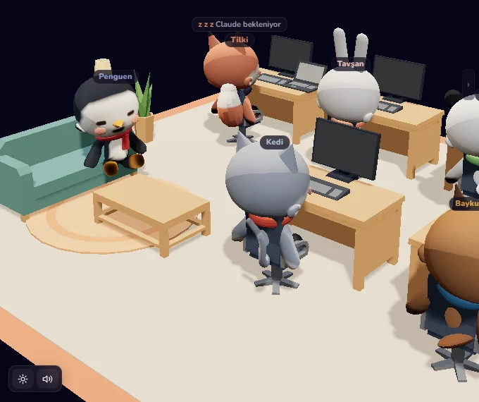 Foxpit's 3D office: each coding agent is a mascot sitting at its own desk.